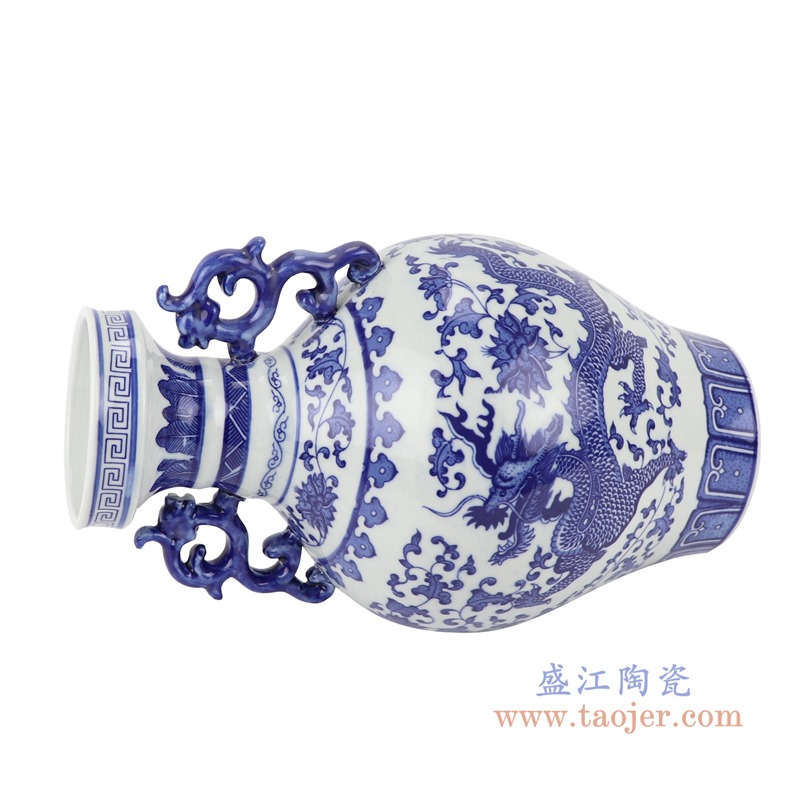青花双耳龙纹花瓶;产品编号:RYUJ34 产品尺寸(单位cm): 高:31.8直径:19口径:底径:10.8重量:2.4KG