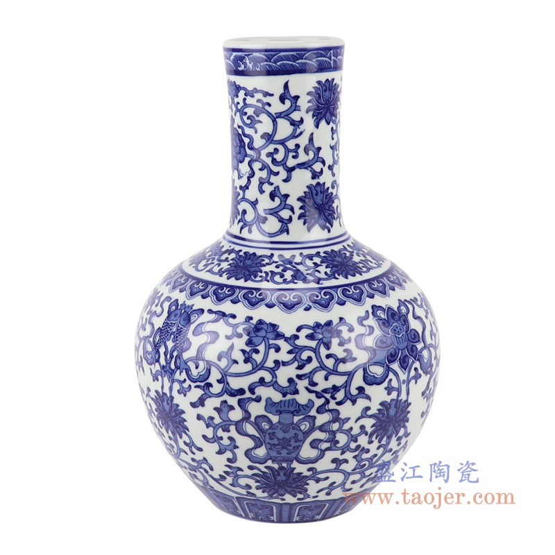 青花缠枝莲八宝天球瓶;产品编号:RYUJ35-B 产品尺寸(单位cm): 高:31.8直径:20.5口径:底径:10.5重量:1.65KG