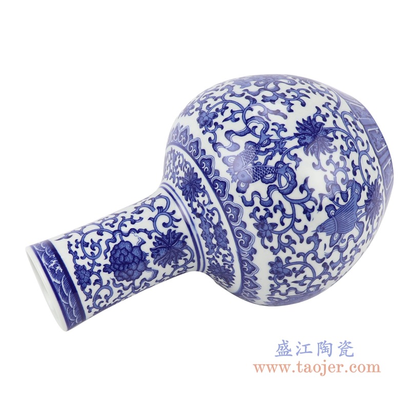 青花缠枝莲八宝天球瓶;产品编号:RYUJ35-B 产品尺寸(单位cm): 高:31.8直径:20.5口径:底径:10.5重量:1.65KG