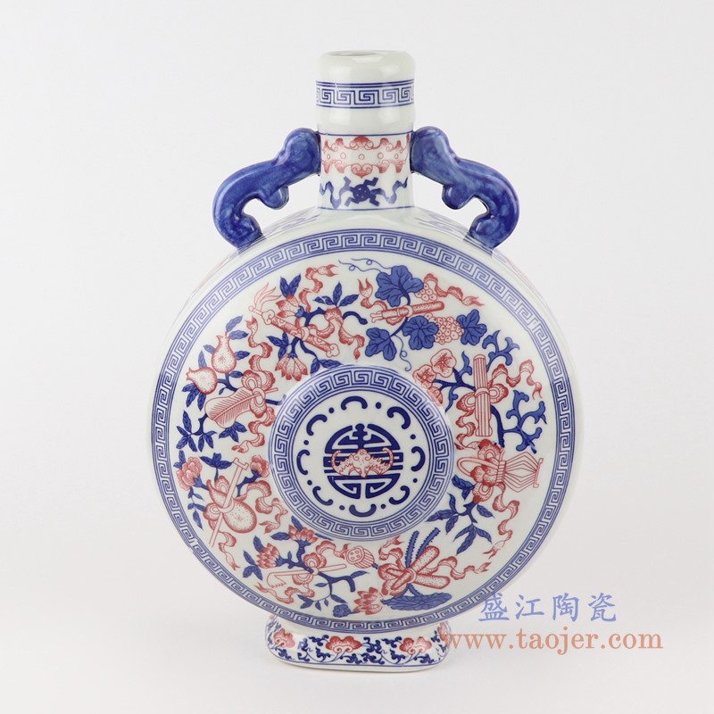 青花釉里红八宝抱月瓶;产品编号：RYUJ36-B       产品尺寸(单位cm):  高：34.5直径：24.2口径：底径：11重量：2.5KG