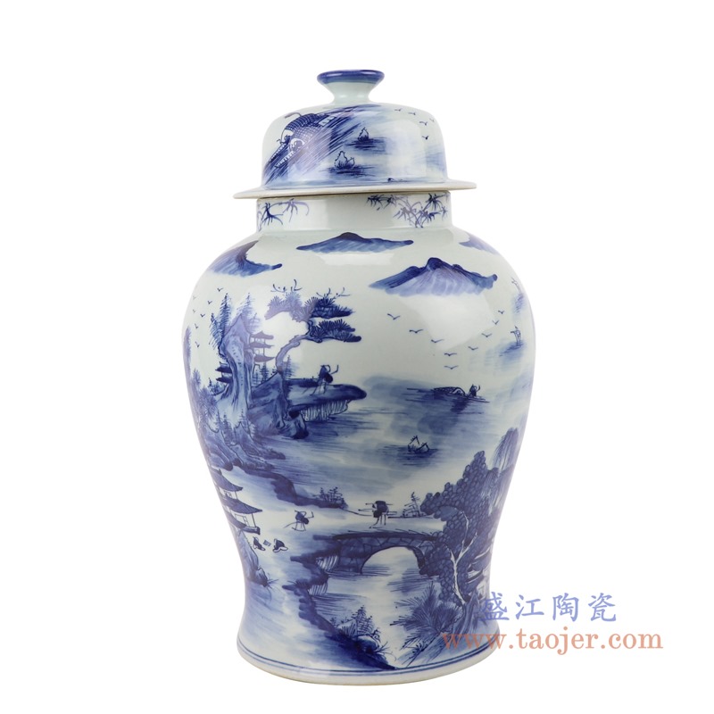 青花山水将军罐;产品编号：RYUK45       产品尺寸(单位cm):  高：38直径：22.7口径：底径：17.5重量：3.8KG