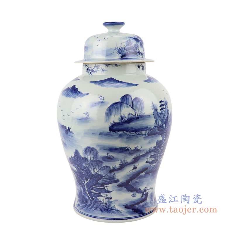 青花山水将军罐;产品编号：RYUK45       产品尺寸(单位cm):  高：38直径：22.7口径：底径：17.5重量：3.8KG