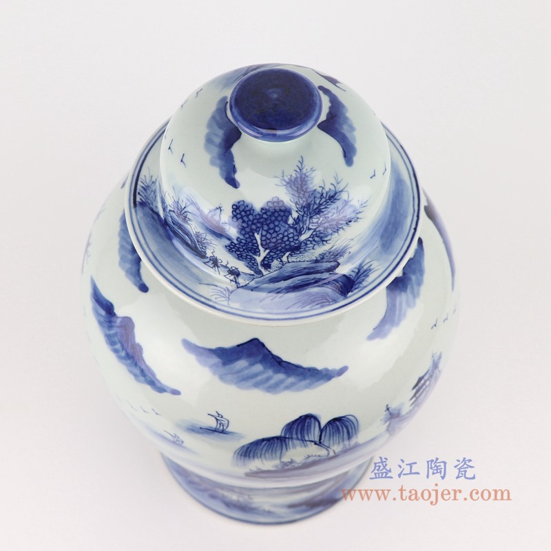 青花山水将军罐;产品编号：RYUK45       产品尺寸(单位cm):  高：38直径：22.7口径：底径：17.5重量：3.8KG