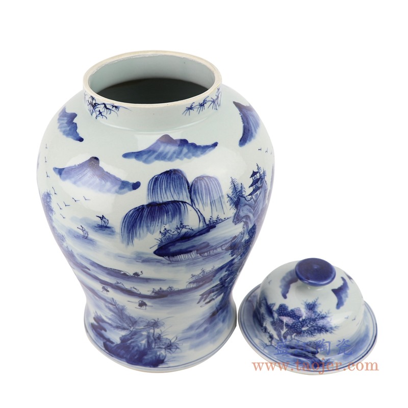 青花山水将军罐;产品编号：RYUK45       产品尺寸(单位cm):  高：38直径：22.7口径：底径：17.5重量：3.8KG