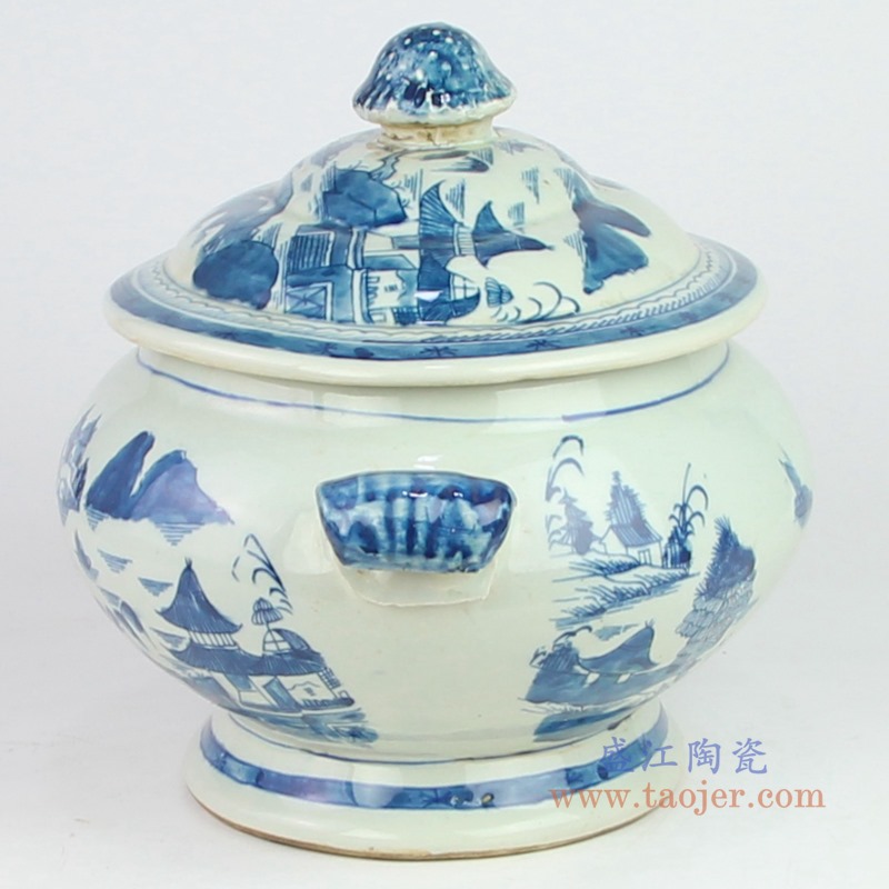 青花山水双耳盖罐汤煲;产品编号：RYVM38       产品尺寸(单位cm):  高：27直径：37口径：底径：23重量：5.24KG