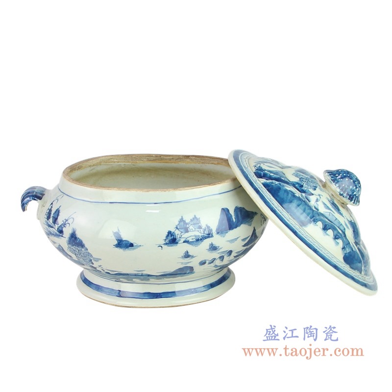 青花山水双耳盖罐汤煲;产品编号：RYVM38       产品尺寸(单位cm):  高：27直径：37口径：底径：23重量：5.24KG