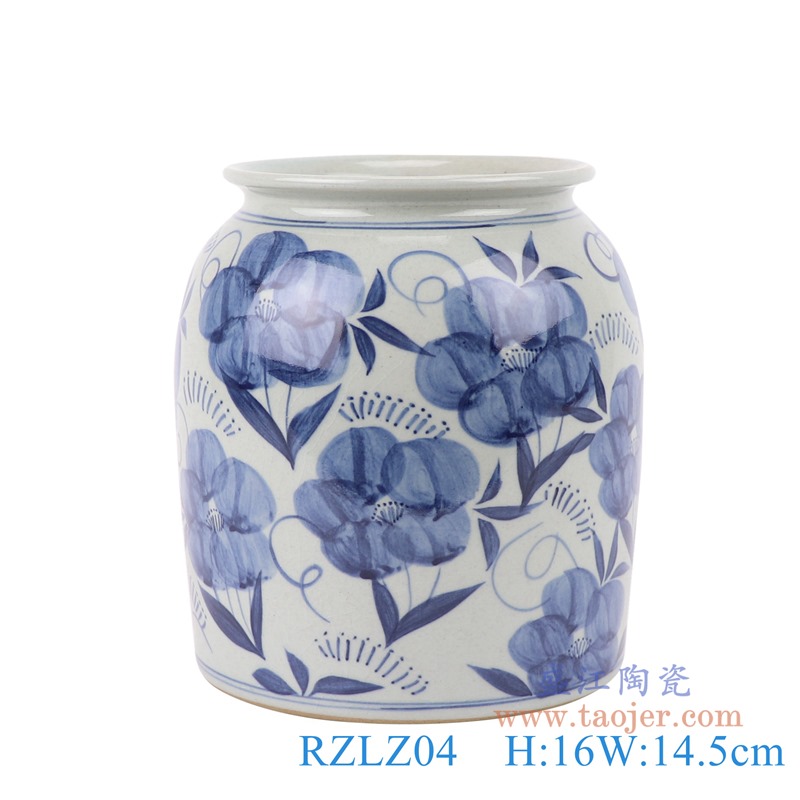 青花手绘金莲花直筒罐;产品编号：RZLZ04       产品尺寸(单位cm):  高：16直径：14.5口径：底径：13重量：1.35KG