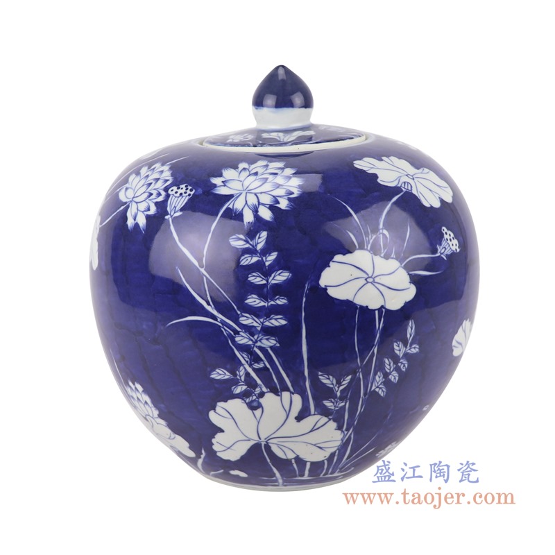 青花冰梅荷花西瓜罐尖盖罐;产品编号：RZOY36-B       产品尺寸(单位cm):  高：31直径：28.5口径：底径：14重量：4.3KG