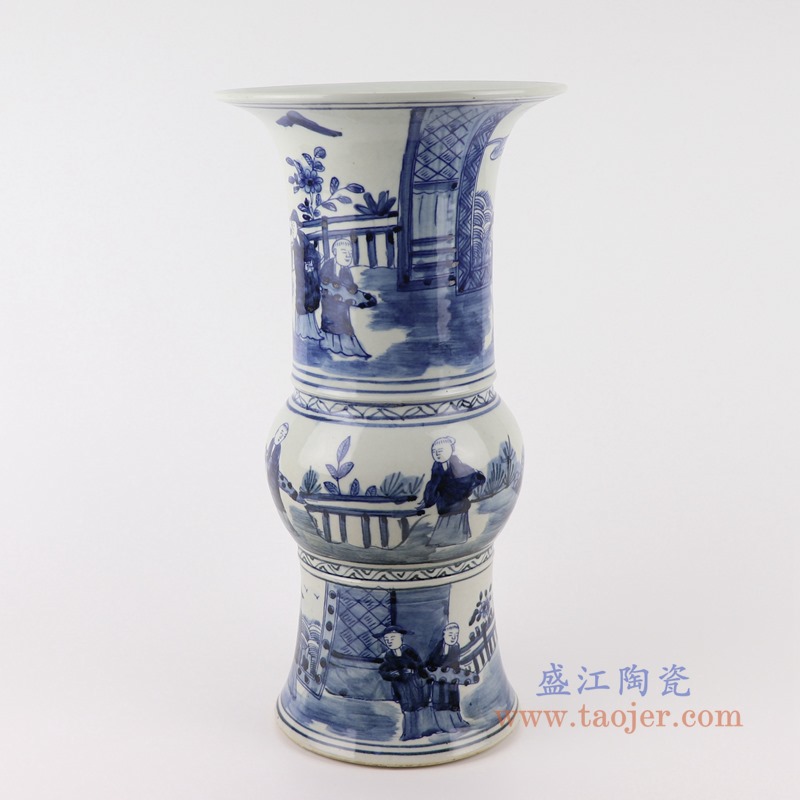 青花人物花觚;产品编号：RZSC16       产品尺寸(单位cm):  高：39.4直径：20口径：底径：15.5重量：2.95KG