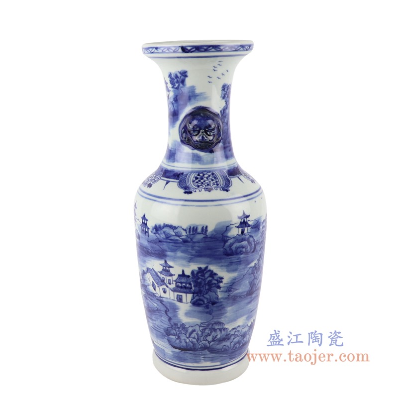 青花双耳狮子头山水花瓶;产品编号：RZSC17       产品尺寸(单位cm):  高：43.7直径：17.5口径：底径：13重量：2.95KG