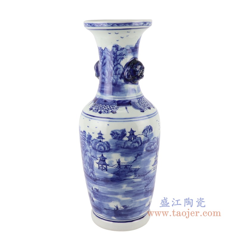 青花双耳狮子头山水花瓶;产品编号：RZSC17       产品尺寸(单位cm):  高：43.7直径：17.5口径：底径：13重量：2.95KG