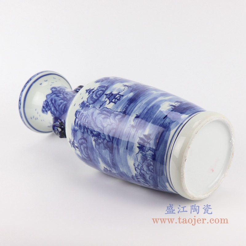 青花双耳狮子头山水花瓶;产品编号：RZSC17       产品尺寸(单位cm):  高：43.7直径：17.5口径：底径：13重量：2.95KG