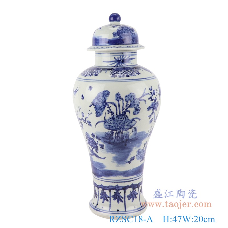 青花花鸟将军罐;产品编号:RZSC18-A 产品尺寸(单位cm): 高:47直径:20口径:底径:13重量:3.35KG