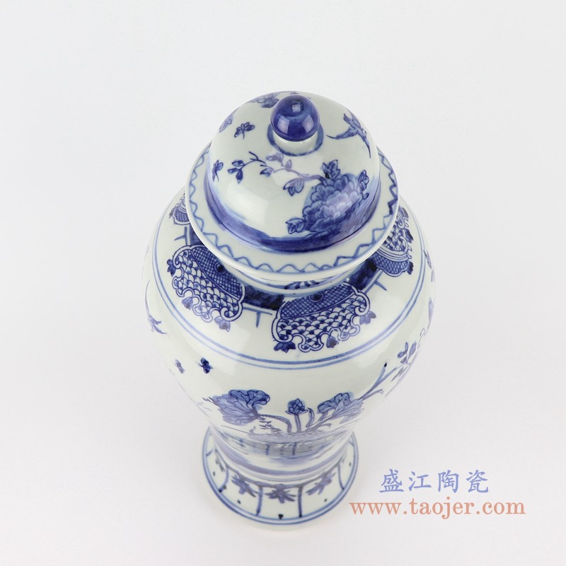 青花花鸟将军罐;产品编号:RZSC18-A 产品尺寸(单位cm): 高:47直径:20口径:底径:13重量:3.35KG