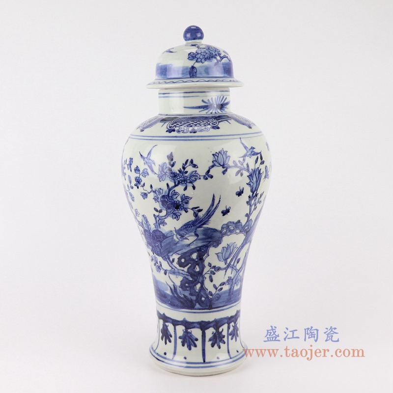 青花花鸟将军罐;产品编号:RZSC18-A 产品尺寸(单位cm): 高:47直径:20口径:底径:13重量:3.35KG
