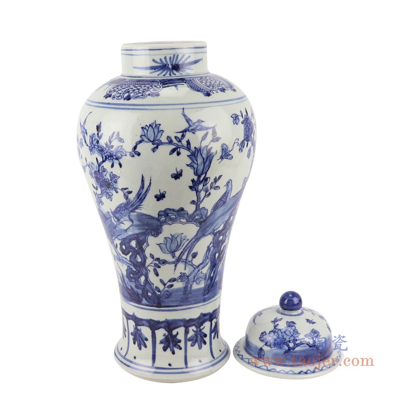 青花花鸟将军罐;产品编号:RZSC18-A 产品尺寸(单位cm): 高:47直径:20口径:底径:13重量:3.35KG