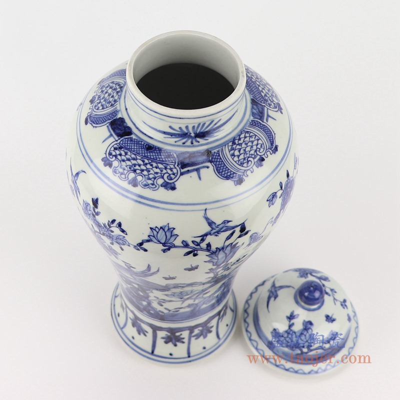青花花鸟将军罐;产品编号:RZSC18-A 产品尺寸(单位cm): 高:47直径:20口径:底径:13重量:3.35KG