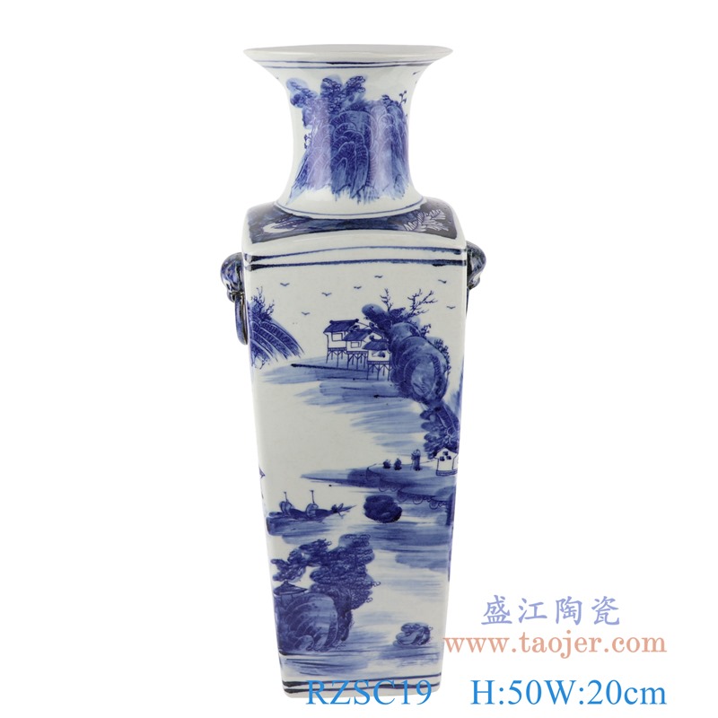 青花瓷（blue and white porcelain），又称白地青花瓷，常简称青花，是中国瓷器的主流品种之一，属釉下彩瓷。青花瓷是用含氧化钴的钴矿为原料，在陶瓷坯体上描绘纹饰，再罩上一层透明釉，经1300℃左右高温还原焰烧制而成。钴料烧成后呈蓝色，具有着色力强、发色鲜艳、烧成率高、呈色稳定的特点。汉族劳动人民制作瓷器的历史悠久，品种繁多。原始青花瓷于唐宋已见端倪，成熟的青花瓷则出现在元代景德镇的湖田窑。明代青花成为瓷器的主流。清康熙时发展到了顶峰。景德镇青花瓷以其烧造精致而独占熬头，造型优美，色彩绚丽，装饰精美，是景德镇四大传统名瓷之一，它无铅无毒，耐酸耐磨，面色经久不退，素有“永不凋谢的青花”之称。        本品坯胎全手工拉坯制作，釉面和青花料采用高档仿清颜料。瓶身山水风景图团花簇拥，构图优美，瓶颈花卉、圈足纹图和瓶身山水风景图交相辉映，相得益彰，层次清晰，瓷质温和细腻，釉色古朴清丽，晶莹丰润，清新养目，极具古意，具有较高的艺术欣赏和实用价值。
