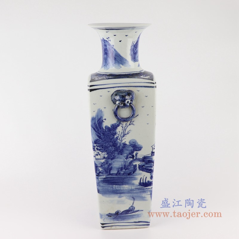 青花瓷（blue and white porcelain），又称白地青花瓷，常简称青花，是中国瓷器的主流品种之一，属釉下彩瓷。青花瓷是用含氧化钴的钴矿为原料，在陶瓷坯体上描绘纹饰，再罩上一层透明釉，经1300℃左右高温还原焰烧制而成。钴料烧成后呈蓝色，具有着色力强、发色鲜艳、烧成率高、呈色稳定的特点。汉族劳动人民制作瓷器的历史悠久，品种繁多。原始青花瓷于唐宋已见端倪，成熟的青花瓷则出现在元代景德镇的湖田窑。明代青花成为瓷器的主流。清康熙时发展到了顶峰。景德镇青花瓷以其烧造精致而独占熬头，造型优美，色彩绚丽，装饰精美，是景德镇四大传统名瓷之一，它无铅无毒，耐酸耐磨，面色经久不退，素有“永不凋谢的青花”之称。        本品坯胎全手工拉坯制作，釉面和青花料采用高档仿清颜料。瓶身山水风景图团花簇拥，构图优美，瓶颈花卉、圈足纹图和瓶身山水风景图交相辉映，相得益彰，层次清晰，瓷质温和细腻，釉色古朴清丽，晶莹丰润，清新养目，极具古意，具有较高的艺术欣赏和实用价值。