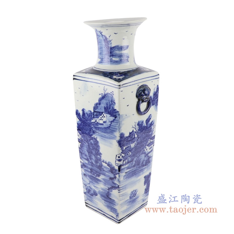 青花瓷（blue and white porcelain），又称白地青花瓷，常简称青花，是中国瓷器的主流品种之一，属釉下彩瓷。青花瓷是用含氧化钴的钴矿为原料，在陶瓷坯体上描绘纹饰，再罩上一层透明釉，经1300℃左右高温还原焰烧制而成。钴料烧成后呈蓝色，具有着色力强、发色鲜艳、烧成率高、呈色稳定的特点。汉族劳动人民制作瓷器的历史悠久，品种繁多。原始青花瓷于唐宋已见端倪，成熟的青花瓷则出现在元代景德镇的湖田窑。明代青花成为瓷器的主流。清康熙时发展到了顶峰。景德镇青花瓷以其烧造精致而独占熬头，造型优美，色彩绚丽，装饰精美，是景德镇四大传统名瓷之一，它无铅无毒，耐酸耐磨，面色经久不退，素有“永不凋谢的青花”之称。        本品坯胎全手工拉坯制作，釉面和青花料采用高档仿清颜料。瓶身山水风景图团花簇拥，构图优美，瓶颈花卉、圈足纹图和瓶身山水风景图交相辉映，相得益彰，层次清晰，瓷质温和细腻，釉色古朴清丽，晶莹丰润，清新养目，极具古意，具有较高的艺术欣赏和实用价值。