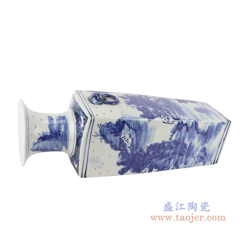 青花瓷（blue and white porcelain），又称白地青花瓷，常简称青花，是中国瓷器的主流品种之一，属釉下彩瓷。青花瓷是用含氧化钴的钴矿为原料，在陶瓷坯体上描绘纹饰，再罩上一层透明釉，经1300℃左右高温还原焰烧制而成。钴料烧成后呈蓝色，具有着色力强、发色鲜艳、烧成率高、呈色稳定的特点。汉族劳动人民制作瓷器的历史悠久，品种繁多。原始青花瓷于唐宋已见端倪，成熟的青花瓷则出现在元代景德镇的湖田窑。明代青花成为瓷器的主流。清康熙时发展到了顶峰。景德镇青花瓷以其烧造精致而独占熬头，造型优美，色彩绚丽，装饰精美，是景德镇四大传统名瓷之一，它无铅无毒，耐酸耐磨，面色经久不退，素有“永不凋谢的青花”之称。        本品坯胎全手工拉坯制作，釉面和青花料采用高档仿清颜料。瓶身山水风景图团花簇拥，构图优美，瓶颈花卉、圈足纹图和瓶身山水风景图交相辉映，相得益彰，层次清晰，瓷质温和细腻，釉色古朴清丽，晶莹丰润，清新养目，极具古意，具有较高的艺术欣赏和实用价值。