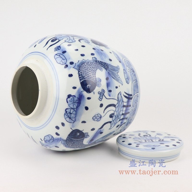 青花鱼藻纹储物罐眀罐;产品编号：RZSI10-C       产品尺寸(单位cm):  高：22.5直径：22口径：底径：18.5重量：2.55KG