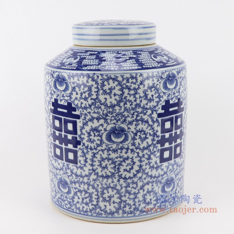 青花缠枝串花喜字直筒罐茶叶罐;产品编号：RZSI14       产品尺寸(单位cm):  高：28.5直径：22口径：底径：21.2重量：3.8KG