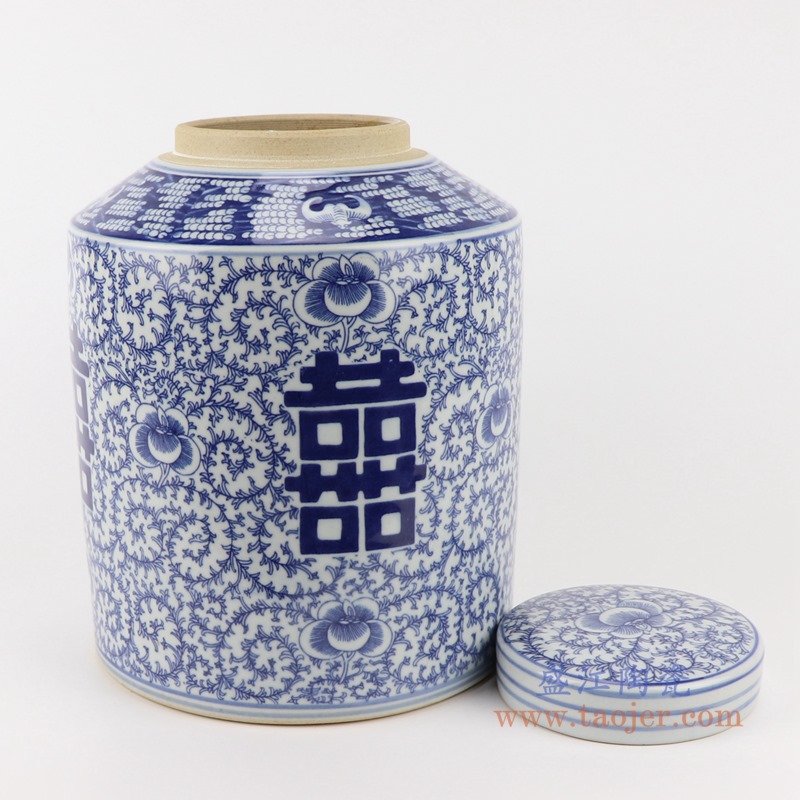 青花缠枝串花喜字直筒罐茶叶罐;产品编号：RZSI14       产品尺寸(单位cm):  高：28.5直径：22口径：底径：21.2重量：3.8KG