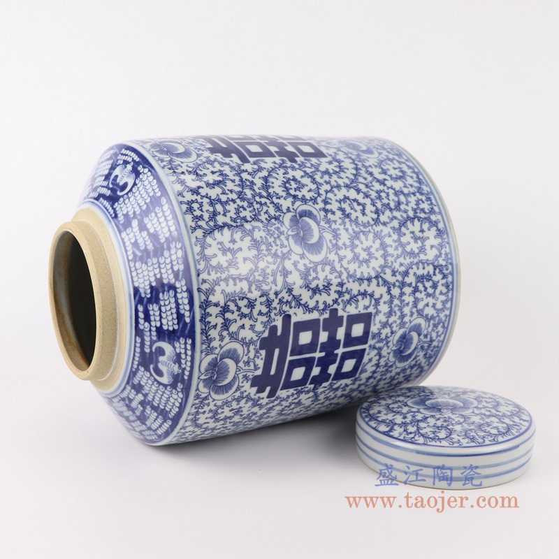 RZSI14     青花缠枝串花喜字直筒罐茶叶罐    高：28.5直径：22口径：底径：21.2重量：3.8KG