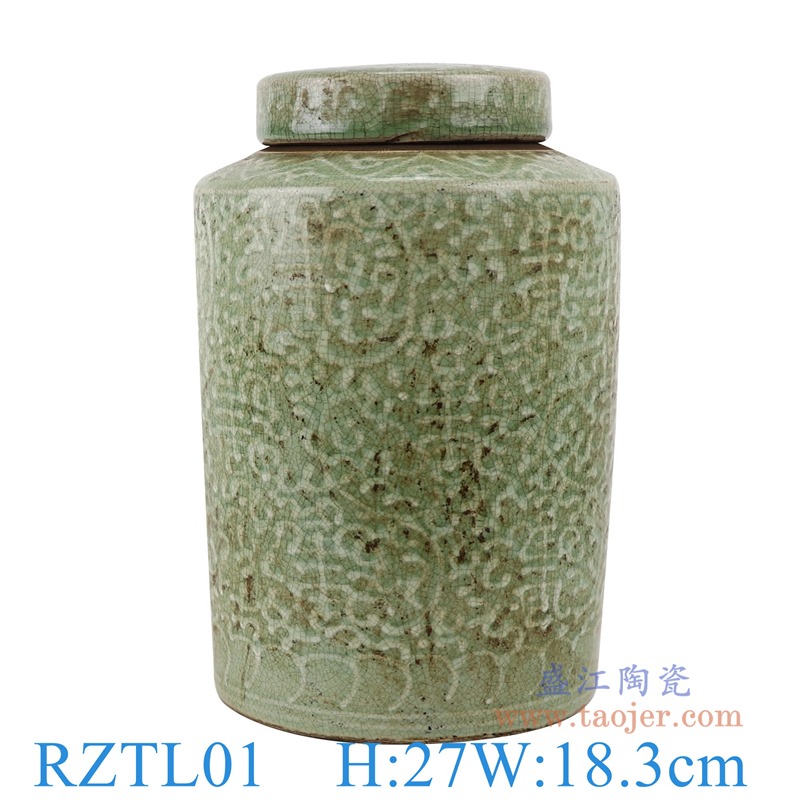颜色釉窑变绿色雕刻缠枝莲寿纹直筒茶叶罐;产品编号：RZTL01       产品尺寸(单位cm):  高：27直径：18.3口径：底径：16.5重量：3.5KG