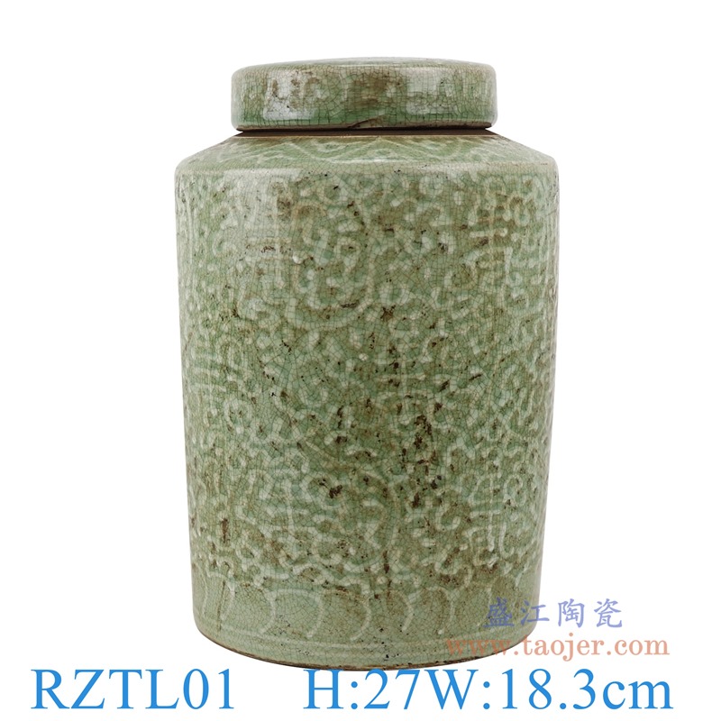 颜色釉窑变绿色雕刻缠枝莲寿纹直筒茶叶罐;产品编号：RZTL01       产品尺寸(单位cm):  高：27直径：18.3口径：底径：16.5重量：3.5KG