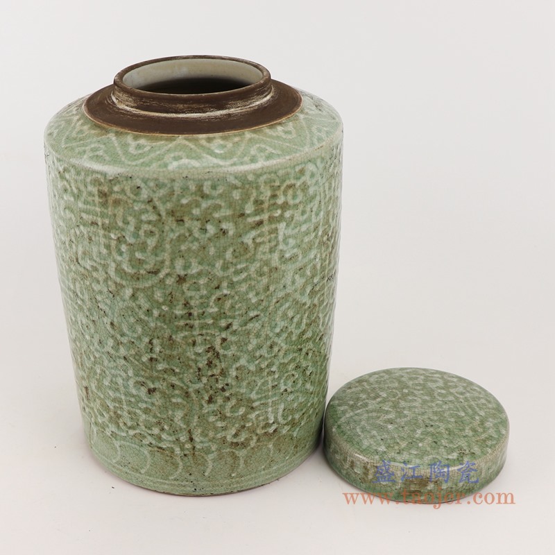 颜色釉窑变绿色雕刻缠枝莲寿纹直筒茶叶罐;产品编号：RZTL01       产品尺寸(单位cm):  高：27直径：18.3口径：底径：16.5重量：3.5KG