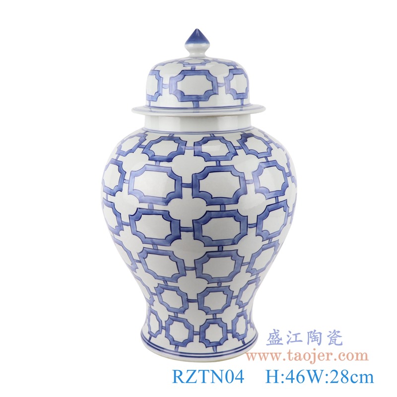 青花几何图形将军罐;产品编号：RZTN04       产品尺寸(单位cm):  高：46直径：28口径：底径：17.5重量：6.3KG