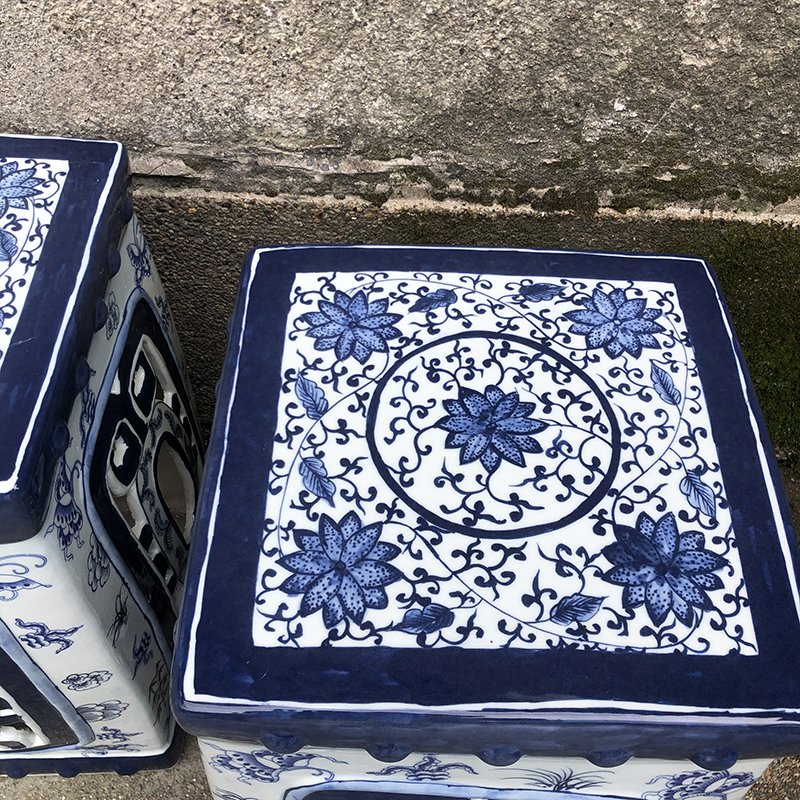 青花镂空四方凳子凉墩;产品编号：RYNQ261       产品尺寸(单位cm):  高：45直径：30口径：底径：重量：11KG