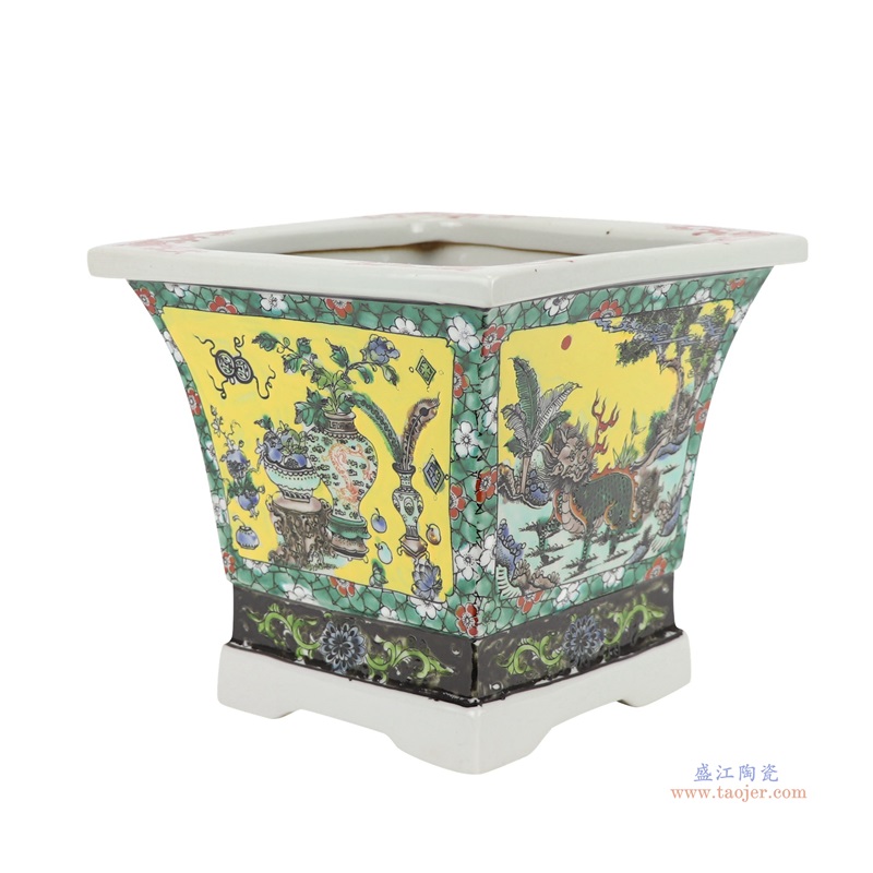 五彩斗彩彩绘鲤鱼龙纹四边花盆;产品编号：RZJH05       产品尺寸(单位cm):  高：20直径：21.5口径：底径：15重量：2.5KG