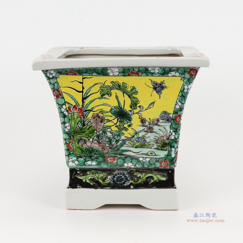五彩斗彩彩绘鲤鱼龙纹四边花盆;产品编号：RZJH05       产品尺寸(单位cm):  高：20直径：21.5口径：底径：15重量：2.5KG