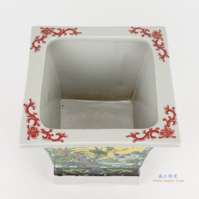 五彩斗彩彩绘鲤鱼龙纹四边花盆;产品编号：RZJH05       产品尺寸(单位cm):  高：20直径：21.5口径：底径：15重量：2.5KG