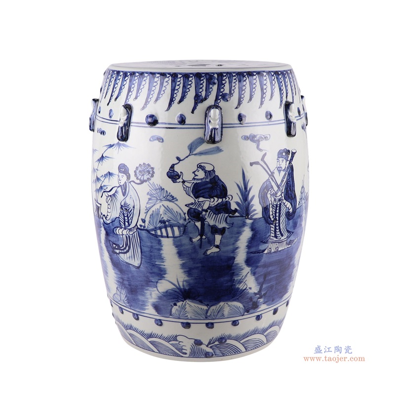 青花八仙人物鼓凳;产品编号：RZMA20-A       产品尺寸(单位cm):  高：46直径：36口径：底径：27.5重量：12.6KG