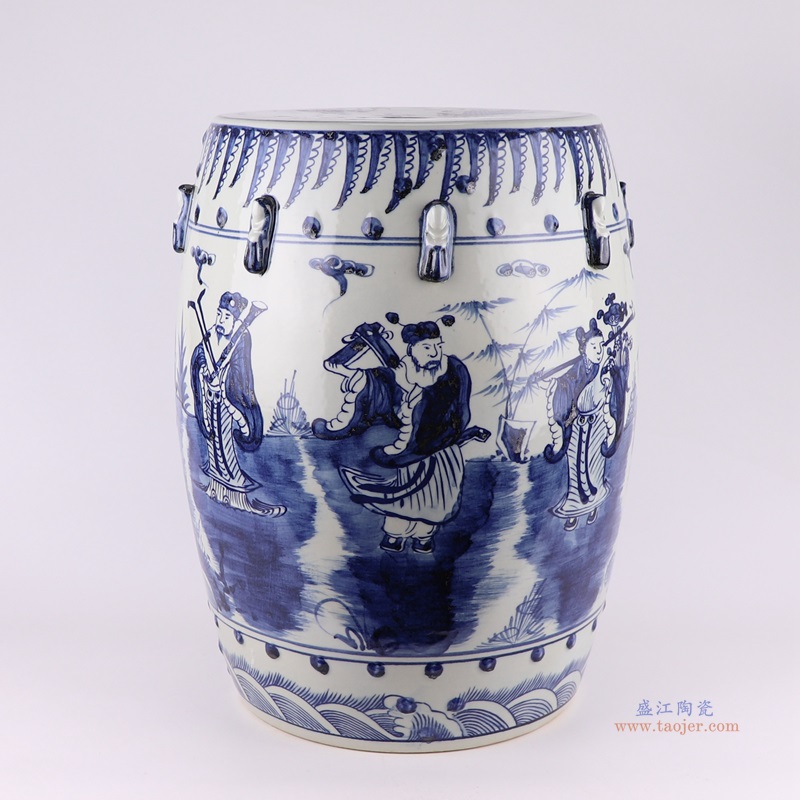 青花八仙人物鼓凳;产品编号：RZMA20-A       产品尺寸(单位cm):  高：46直径：36口径：底径：27.5重量：12.6KG