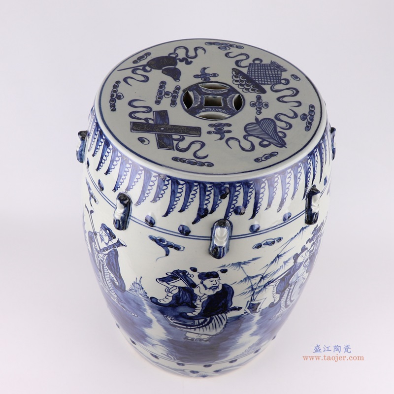 青花八仙人物鼓凳;产品编号：RZMA20-A       产品尺寸(单位cm):  高：46直径：36口径：底径：27.5重量：12.6KG