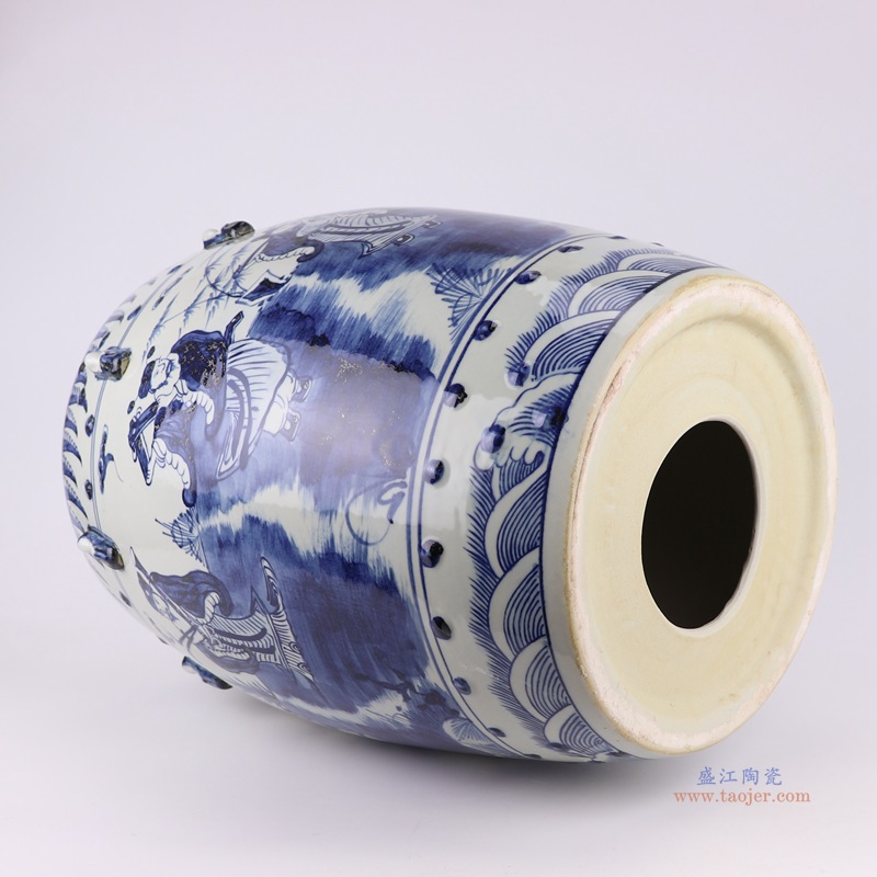 青花八仙人物鼓凳;产品编号：RZMA20-A       产品尺寸(单位cm):  高：46直径：36口径：底径：27.5重量：12.6KG