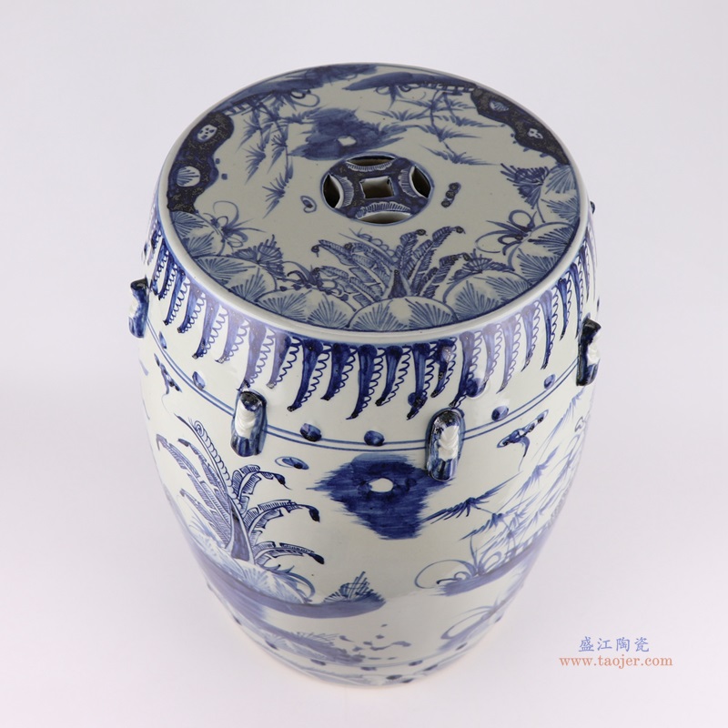 青花麒麟纹鼓凳;产品编号：RZMA20-B 产品尺寸(单位cm): 高：46直径：36口径：底径：27.5重量：12.6KG