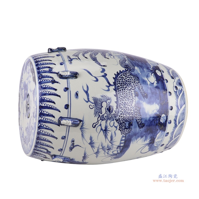 青花麒麟纹鼓凳;产品编号：RZMA20-B 产品尺寸(单位cm): 高：46直径：36口径：底径：27.5重量：12.6KG