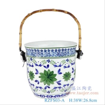 RZFS03-A     绿色花卉提篮花篮花盆      带提手高：38直径：26.8口径：23 瓷器高度23 底径：15.8重量：3.35KG