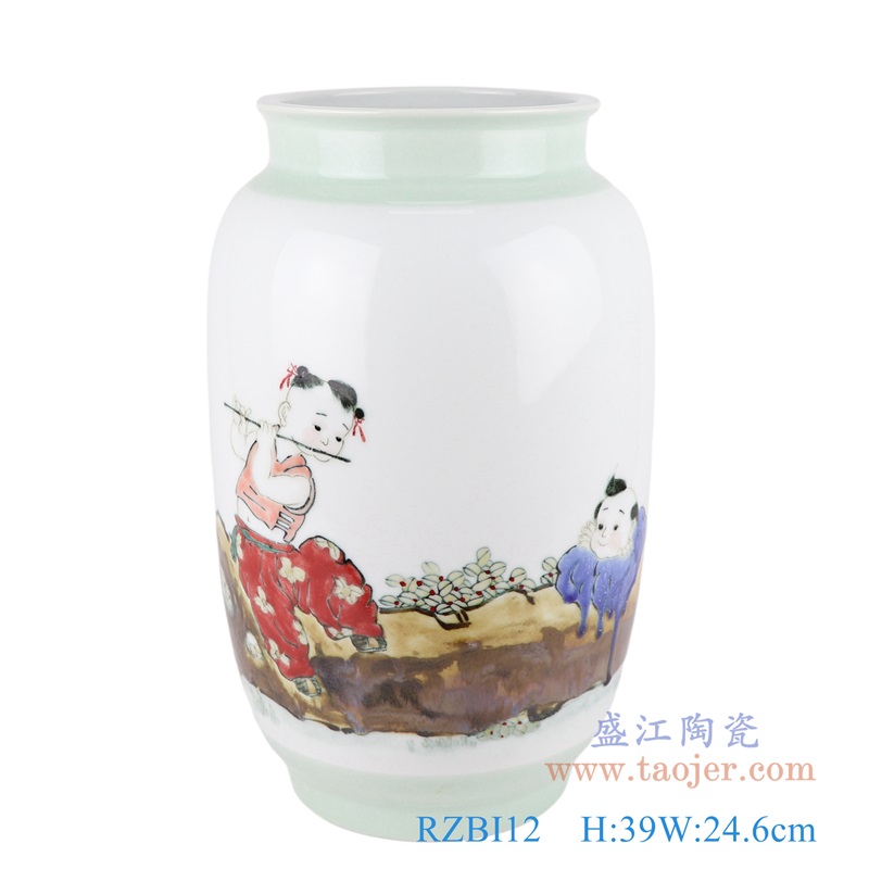 窑变颜色釉彩色童子吹笛冬瓜瓶;产品编号：RZBI12       产品尺寸(单位cm):  高：39直径：24.6口径：底径：16.2重量：3.45KG