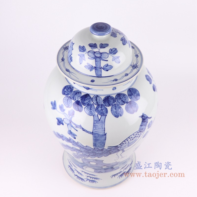青花凤凰花鸟将军罐;产品编号:RZFI13-A 产品尺寸(单位cm): 高:直径:口径:底径:重量:KG