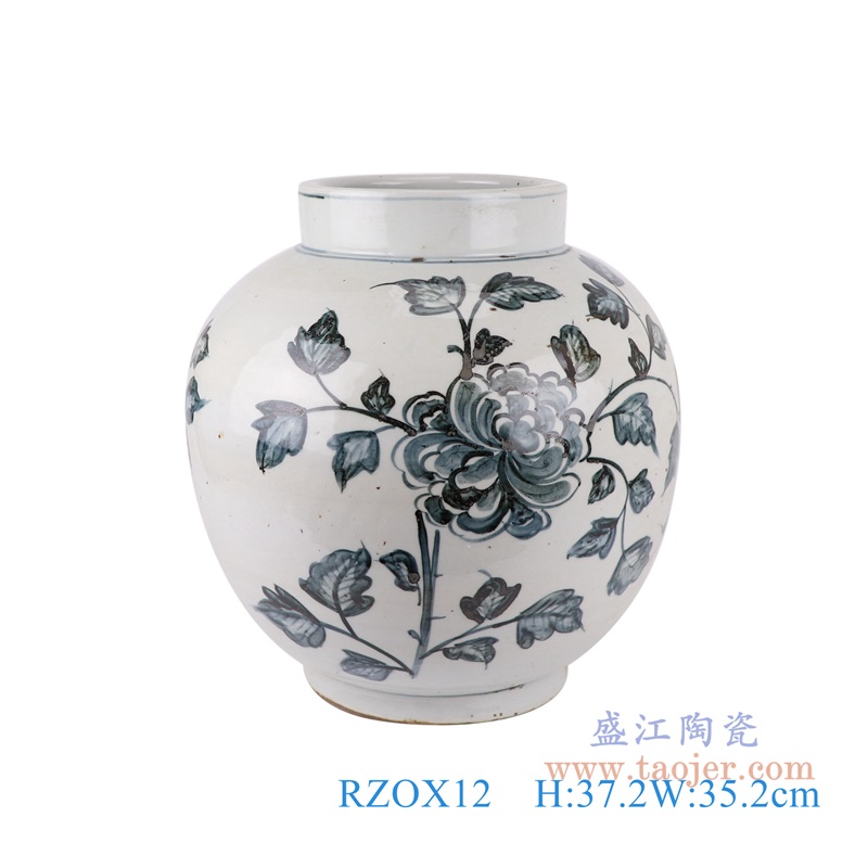 青花牡丹花卉罐子;产品编号：RZOX12       产品尺寸(单位cm):  高：37.2直径：35.2口径：底径：20.2重量：10.9KG