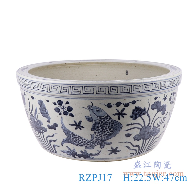 仿古青花鱼藻纹水浅大碗缸;产品编号:RZPJ17 产品尺寸(单位cm): 高:22.5直径:47口径:底径:34.2重量:9.7KG