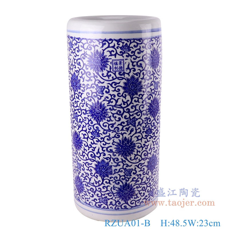 青花缠枝莲笔筒;产品编号:RZUA01-B 产品尺寸(单位cm): 高:48.5直径:23口径:底径:21重量:6KG