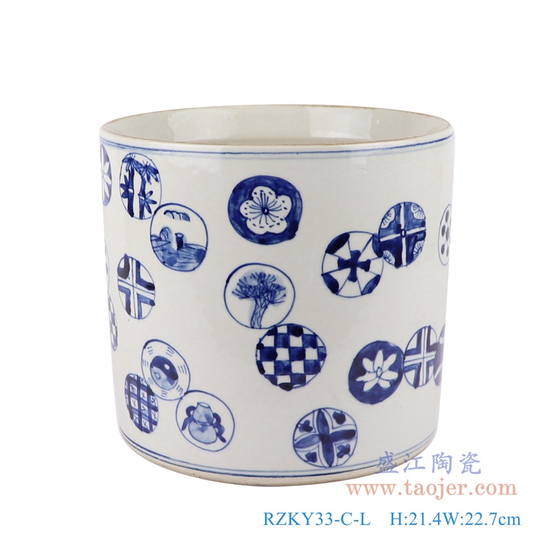 青花圆圈图案笔筒;产品编号:RZKY33-C-L 产品尺寸(单位cm): 高:21.4直径:22.7口径:底径:20重量:3.45KG